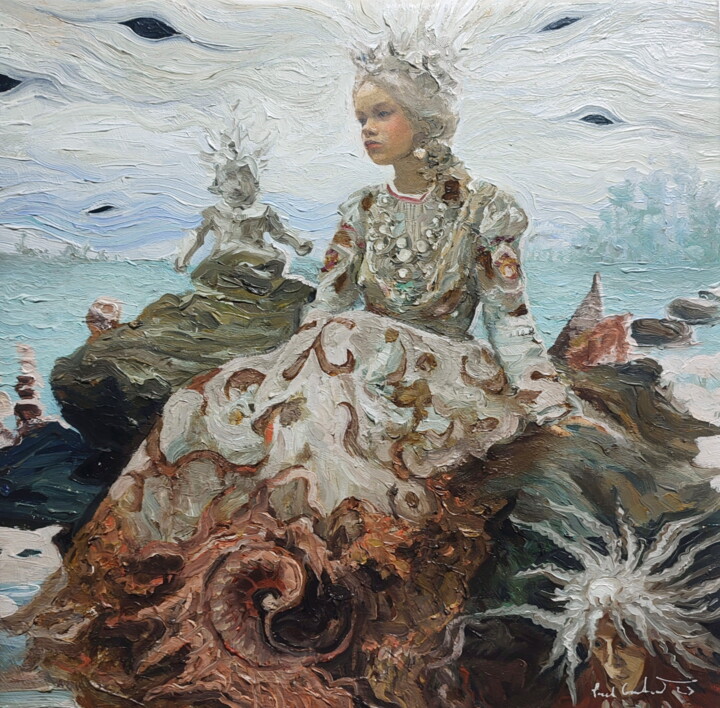 Painting titled "Lake maiden" by Pavel Guliaev, Original Artwork, Oil Mounted on Wood Stretcher frame