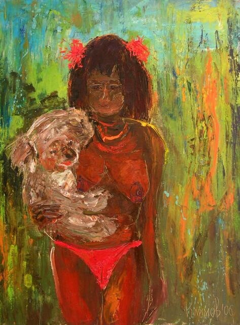 Painting titled "girl with а koala" by Pavel Klimov, Original Artwork, Oil