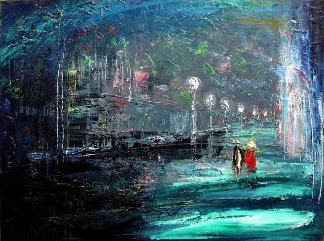 Painting titled "NIGHT STREET" by Pavel Klimov, Original Artwork, Oil