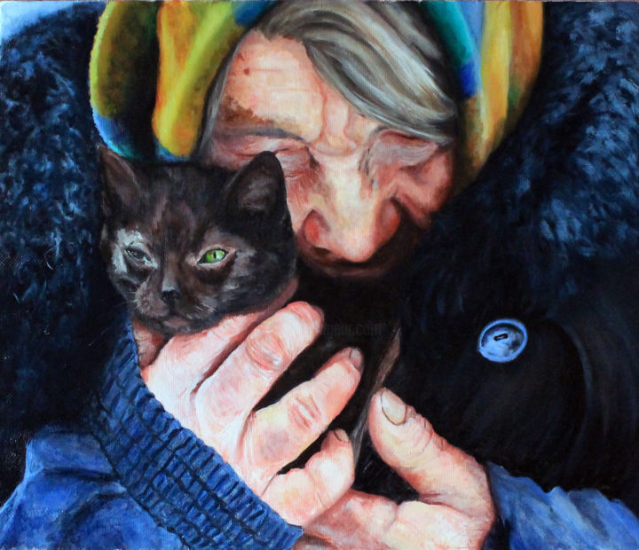 Pintura intitulada "Woman and cat" por Pavel Krasheninin, Obras de arte originais, Óleo
