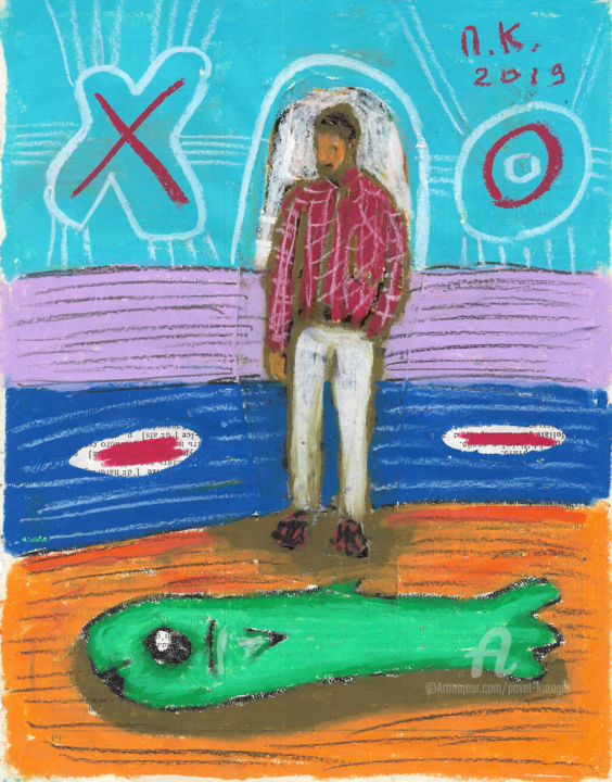 Zeichnungen mit dem Titel "Big fish and man" von Pavel Kuragin, Original-Kunstwerk, Pastell