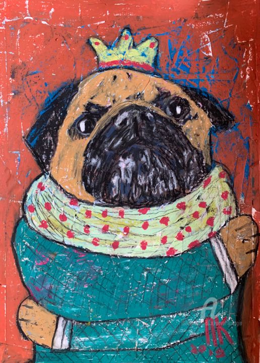 Drawing titled "Hugging pug" by Pavel Kuragin, Original Artwork, Pastel