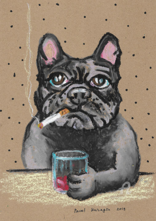 Dessin intitulée "Boston terrier and…" par Pavel Kuragin, Œuvre d'art originale, Pastel