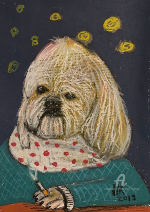 Dessin intitulée "Smoking dog 34" par Pavel Kuragin, Œuvre d'art originale, Pastel