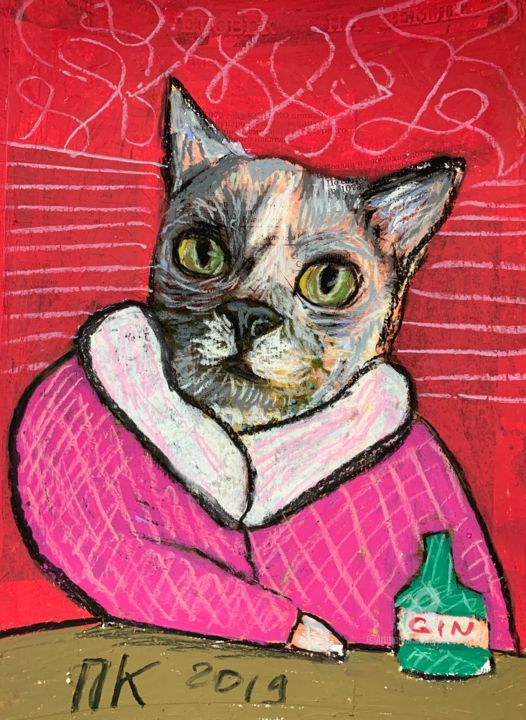Rysunek zatytułowany „Drinking cat 10” autorstwa Pavel Kuragin, Oryginalna praca, Pastel
