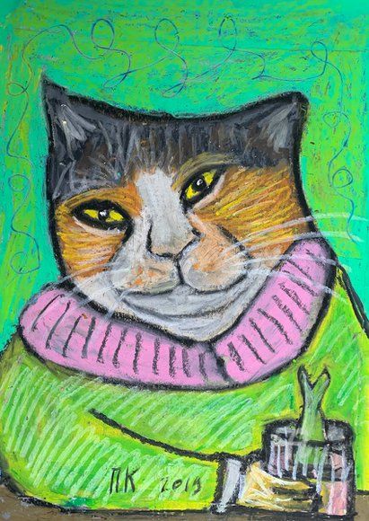 Drawing titled "Drinking cat#20" by Pavel Kuragin, Original Artwork, Pastel