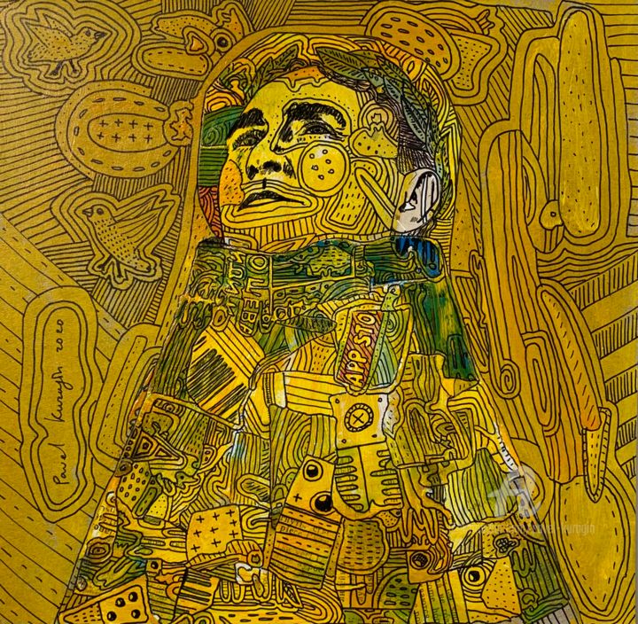 Collages titulada "Sun God" por Pavel Kuragin, Obra de arte original, Acrílico