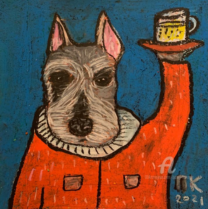 Desenho intitulada "Drinking dog 108" por Pavel Kuragin, Obras de arte originais, Pastel