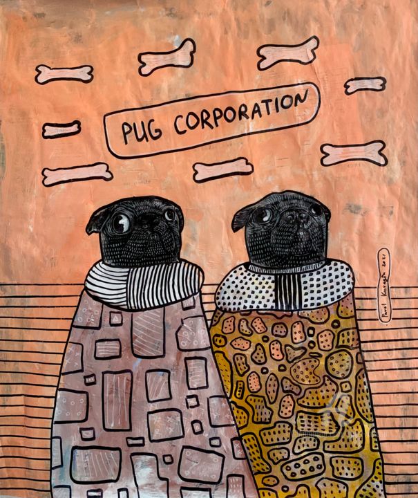 Painting titled "Pug corporation #3" by Pavel Kuragin, Original Artwork, Acrylic