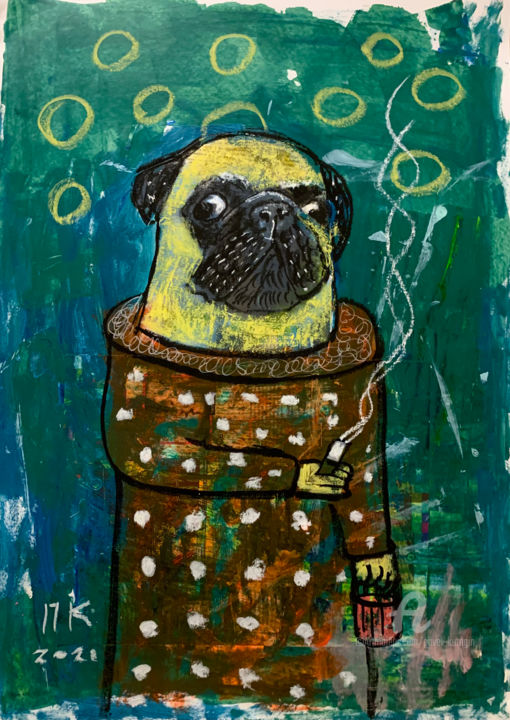 Ζωγραφική με τίτλο "Smoking pug #5" από Pavel Kuragin, Αυθεντικά έργα τέχνης, Ακρυλικό