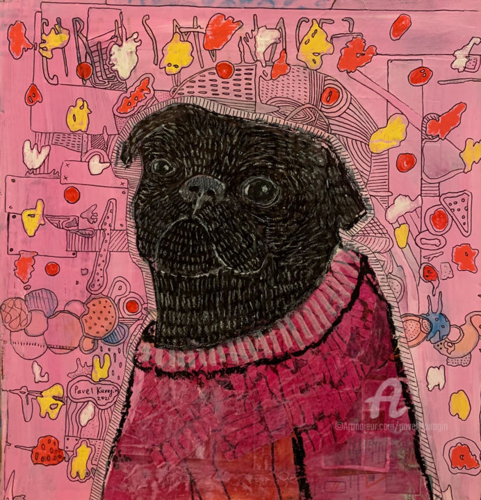 Peinture intitulée "Black pug" par Pavel Kuragin, Œuvre d'art originale, Acrylique