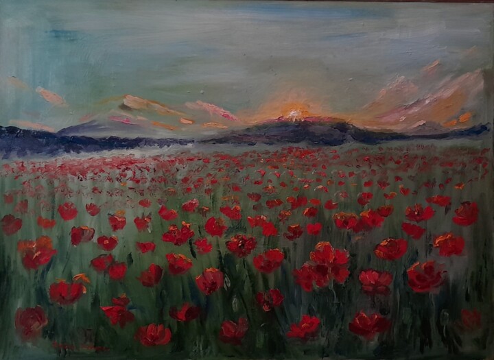 Pintura intitulada "Mountain Poppies" por Pavel Levites, Obras de arte originais, Óleo