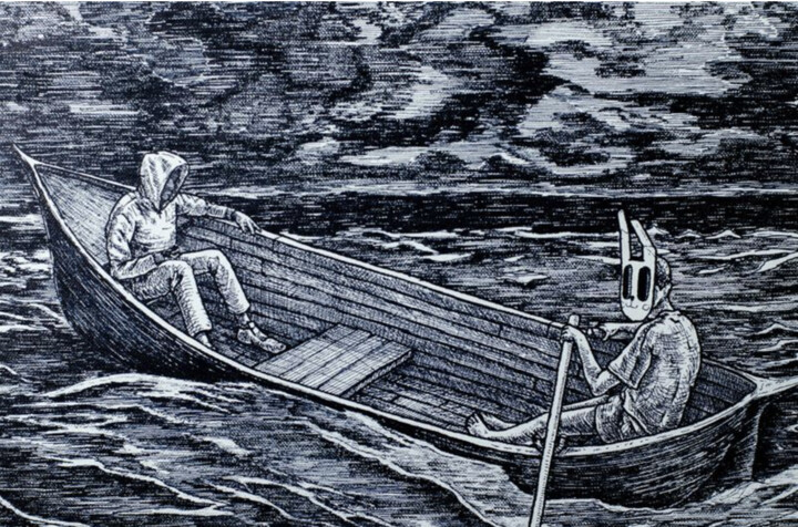 Painting titled "Two people in a boat" by Pavel Mokich, Original Artwork, Marker Mounted on Wood Stretcher frame