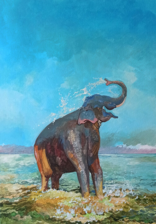 Painting titled "Слон на пляже" by Pavel Nikitin, Original Artwork, Acrylic