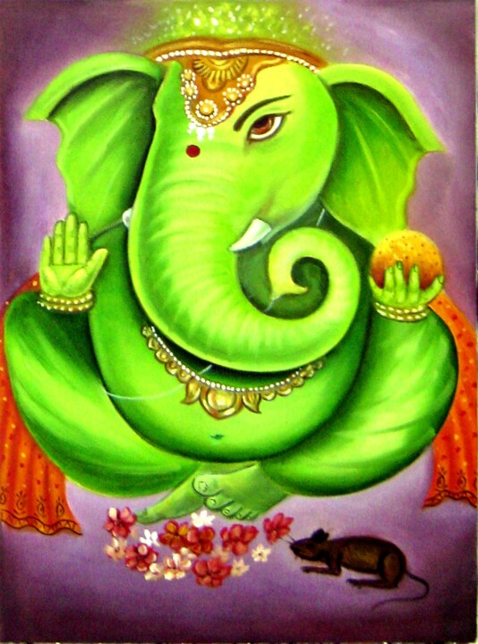 Pintura titulada "Lord Ganesha (Green…" por Pawan Kumar Tank, Obra de arte original, Oleo