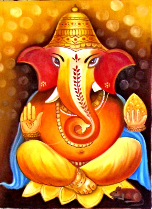 Painting titled "Lord Ganesha's bles…" by Pawan Kumar Tank, Original Artwork, Oil