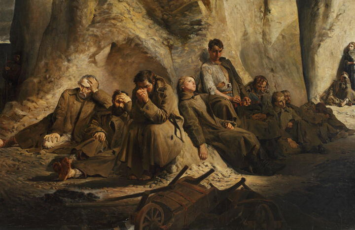 Malarstwo zatytułowany „Niedziela w kopalni…” autorstwa Paweł Waligórski, Oryginalna praca, Olej