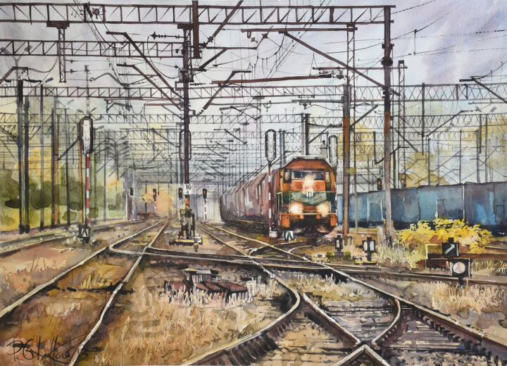 Ζωγραφική με τίτλο "Wroclaw, Freight St…" από Pawel Gladkow, Αυθεντικά έργα τέχνης, Ακουαρέλα