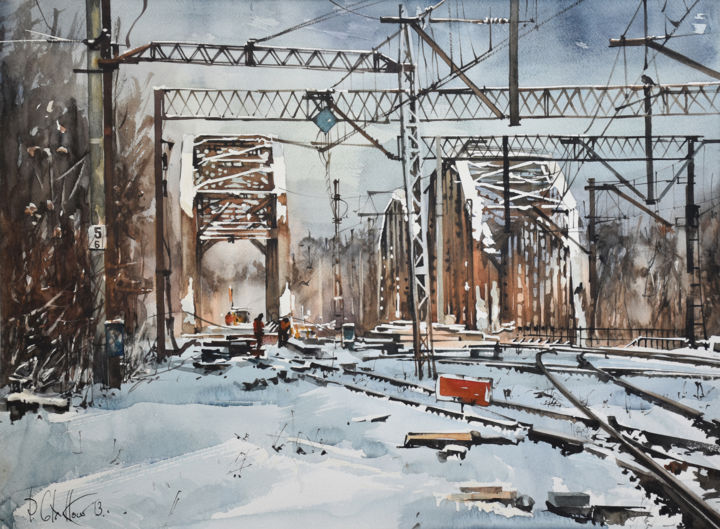 Painting titled "Winter on the Rail…" by Pawel Gladkow, Original Artwork, Watercolor