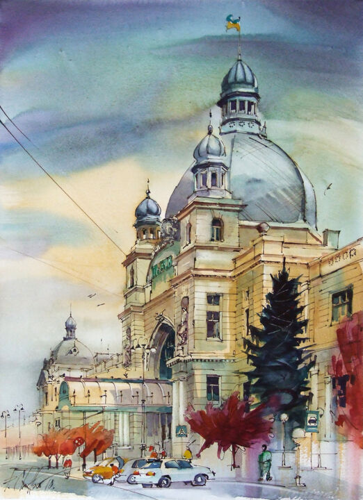 Malarstwo zatytułowany „Lviv, Ukraine 4” autorstwa Pawel Gladkow, Oryginalna praca, Akwarela