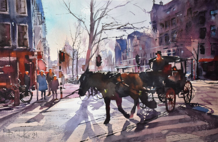 Painting titled "A Purple Street wit…" by Pawel Gladkow, Original Artwork, Watercolor