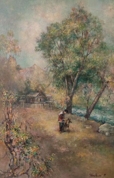 Painting titled "У реки" by Paylak Vanikian, Original Artwork, Oil