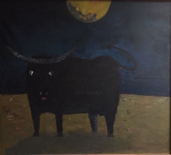 Ζωγραφική με τίτλο "Toro negro con luna…" από Rodrigo Payró, Αυθεντικά έργα τέχνης, Λάδι Τοποθετήθηκε στο Ξύλινο φορείο σκελ…