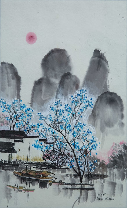 Peinture intitulée "Sampan à l'arbre bl…" par Le Men Ji, Œuvre d'art originale, Encre