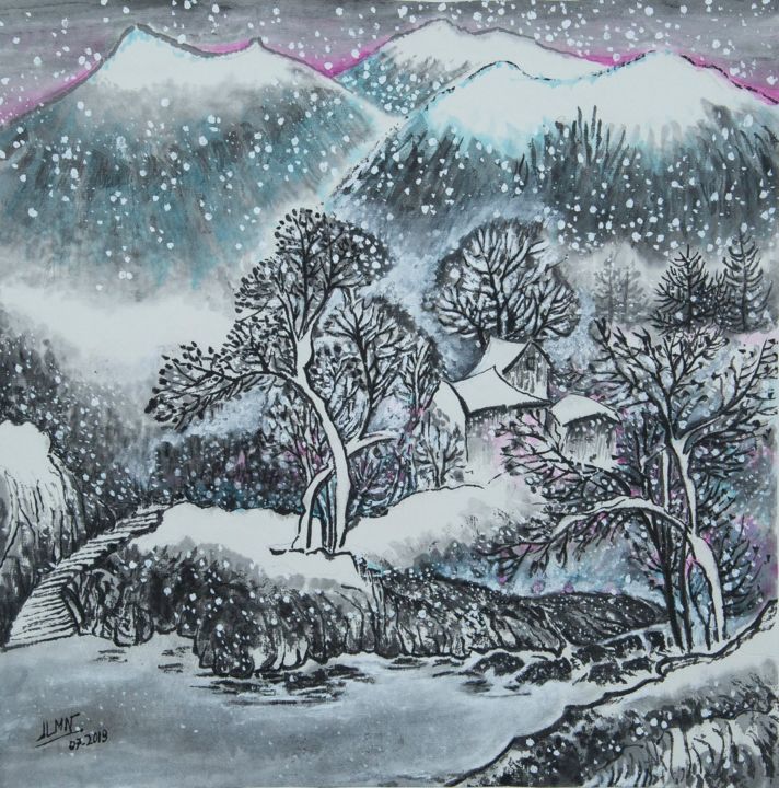 Peinture intitulée "Montagne enneigée" par Le Men Ji, Œuvre d'art originale, Encre