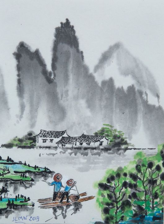 Peinture intitulée "Arrivée au village" par Le Men Ji, Œuvre d'art originale, Encre