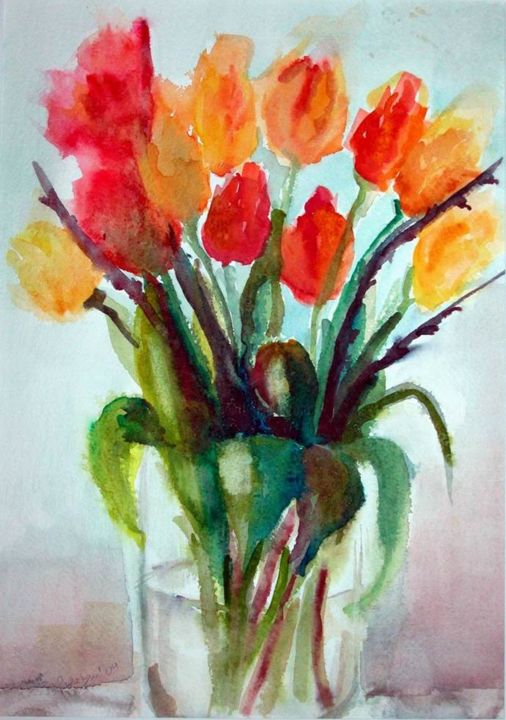 Pintura intitulada "tulipani in acquere…" por Paola Benni, Obras de arte originais, Aquarela