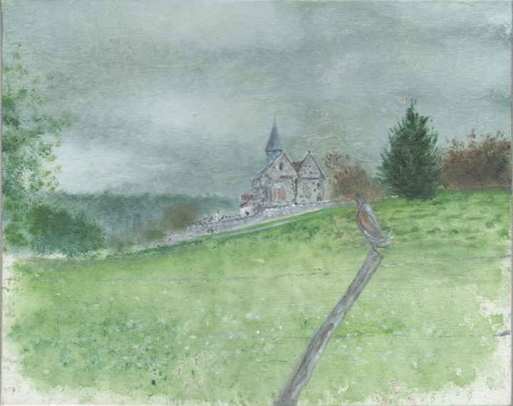 Painting titled "Eglise et verdure à…" by Pascal Boulommier, Original Artwork, Acrylic