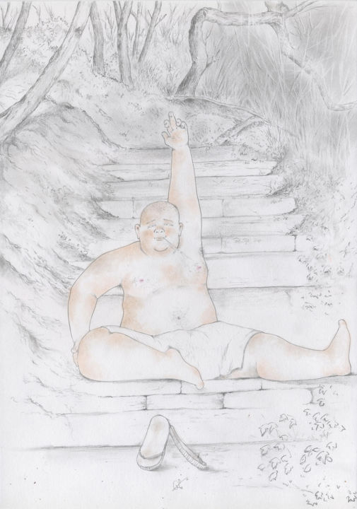 Drawing titled "chubby-zen-in-fores…" by Pascal Boulommier, Original Artwork, Pencil