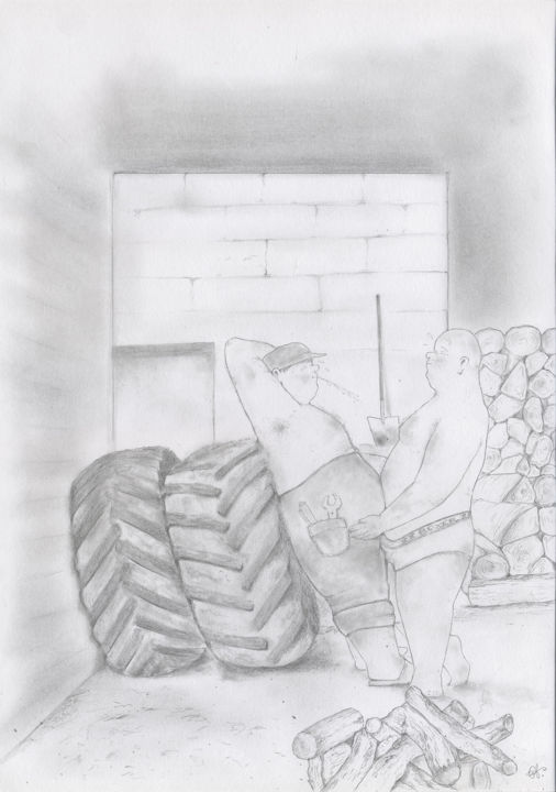 Dessin intitulée "love-chubby-in-barn…" par Pascal Boulommier, Œuvre d'art originale, Pastel