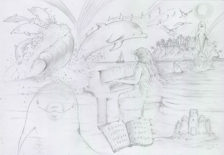 Drawing titled "07-dolphin's dream…" by Pascal Boulommier, Original Artwork, Pencil