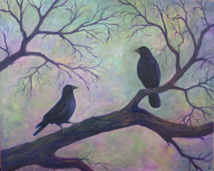 Painting titled "Old Crows" by Vicki Van Vynckt, Original Artwork, Oil Mounted on Wood Stretcher frame