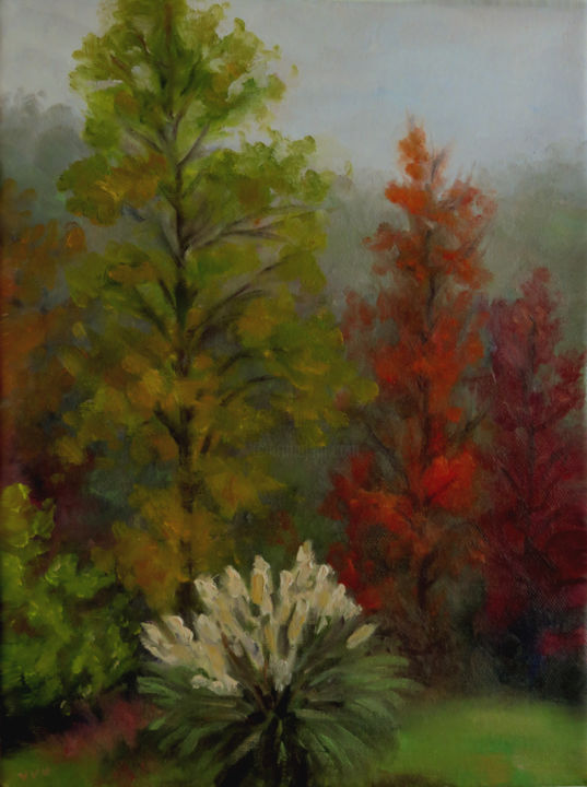 Painting titled "Beauty in the Mist" by Vicki Van Vynckt, Original Artwork, Oil Mounted on Wood Stretcher frame