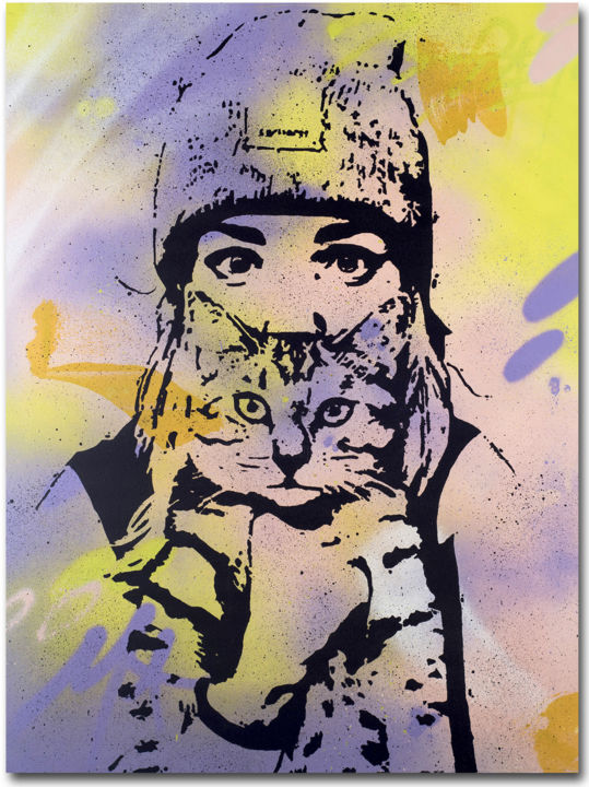 Peinture intitulée "cat-and-woman.jpg" par Peam'S, Œuvre d'art originale, Bombe aérosol
