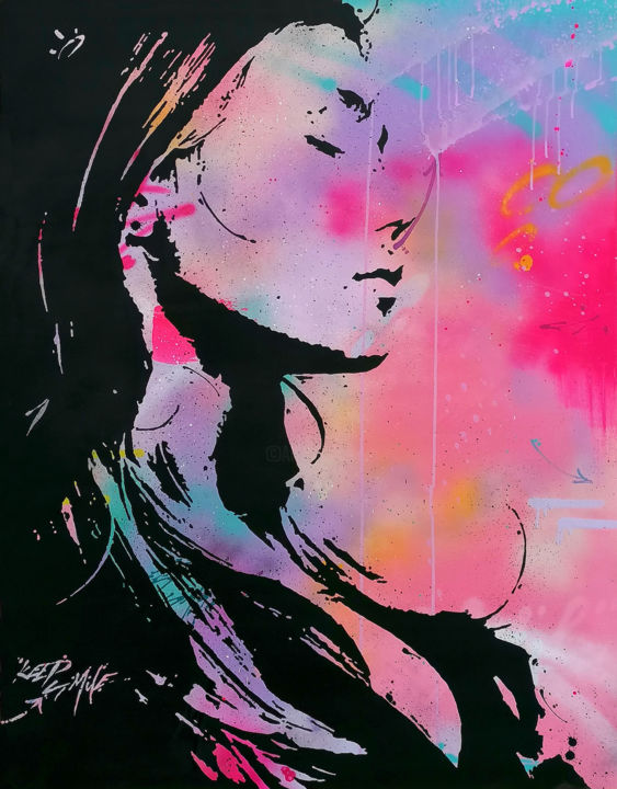 Painting titled "Cosmic girl" by Peam'S, Original Artwork, Spray paint Mounted on Wood Stretcher frame