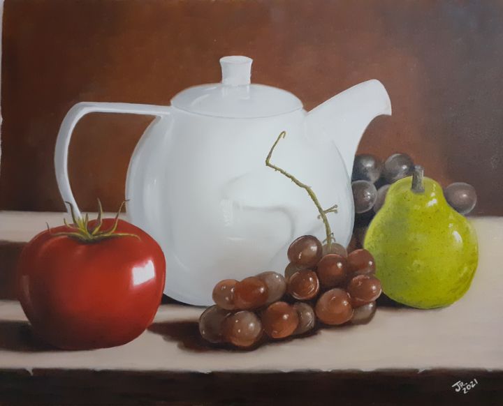 绘画 标题为“Porcelana com frutas” 由Júnior Camargo, 原创艺术品, 油 安装在木板上