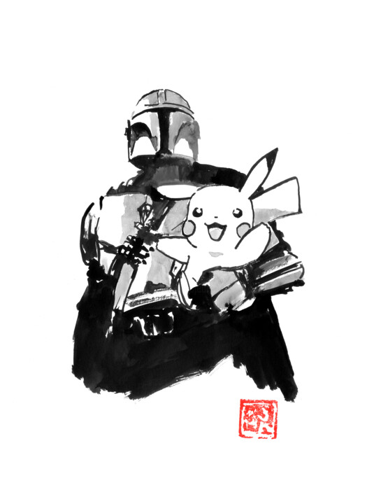 Drawing titled "mandalorian et pika…" by Péchane, Original Artwork, Watercolor