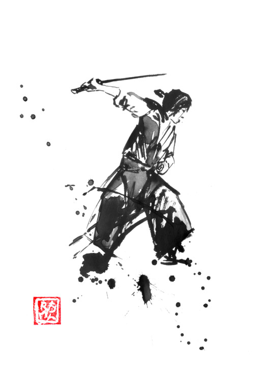Dessin intitulée "cutting samurai" par Péchane, Œuvre d'art originale, Aquarelle