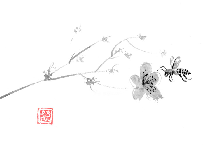 Drawing titled "sakura and bee" by Péchane, Original Artwork, Watercolor
