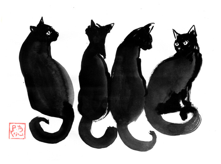 Drawing titled "4 black cats" by Péchane, Original Artwork, Watercolor