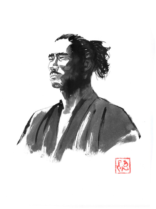 Dessin intitulée "souspicious samurai" par Péchane, Œuvre d'art originale, Aquarelle