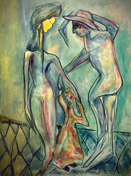 Painting titled "Danza con Lua." by Jorge Alejandro Pedrido, Original Artwork, Acrylic Mounted on Wood Stretcher frame