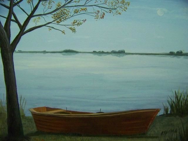 Painting titled "bote, rio y luna" by Pedro Arguello, Original Artwork