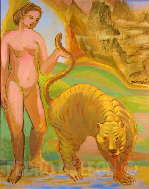 Painting titled "FEMME AU TIGRE" by Pedro De Leon, Original Artwork
