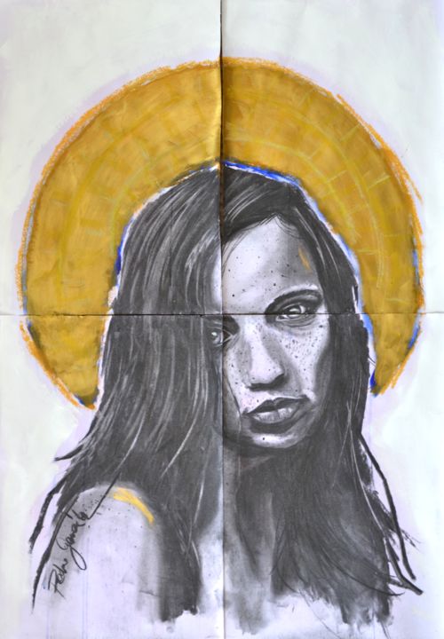 Drawing titled "Violet" by Pedro Siratz, Original Artwork, Charcoal Mounted on Wood Panel