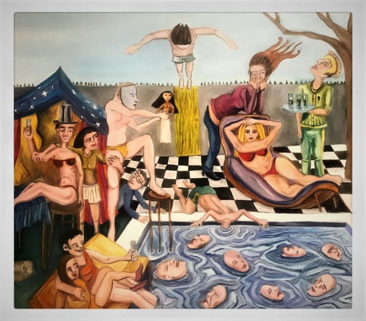 Schilderij getiteld "festa na piscina" door Pedro Tchen, Origineel Kunstwerk, Olie